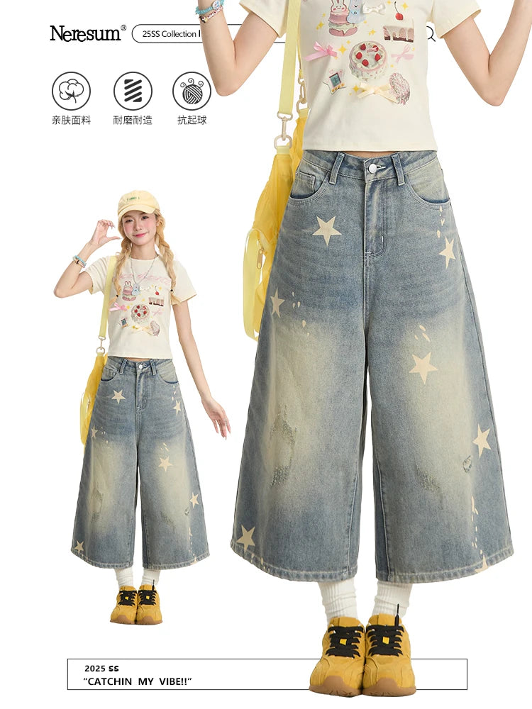 Washed Star Print Wide-Leg Denim Capri Pants