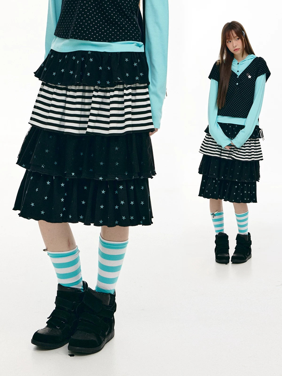 Star Stripe Tiered Ruffle Midi Skirt
