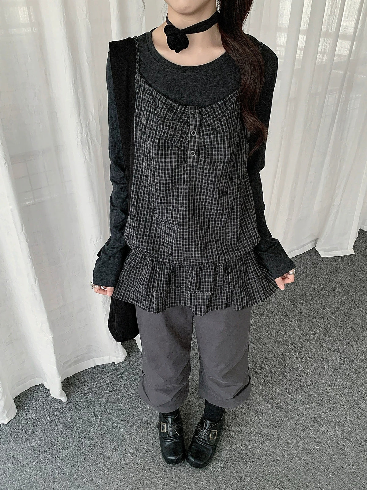 Plaid Cami & Long Sleeve Layered Two-Piece Top Set