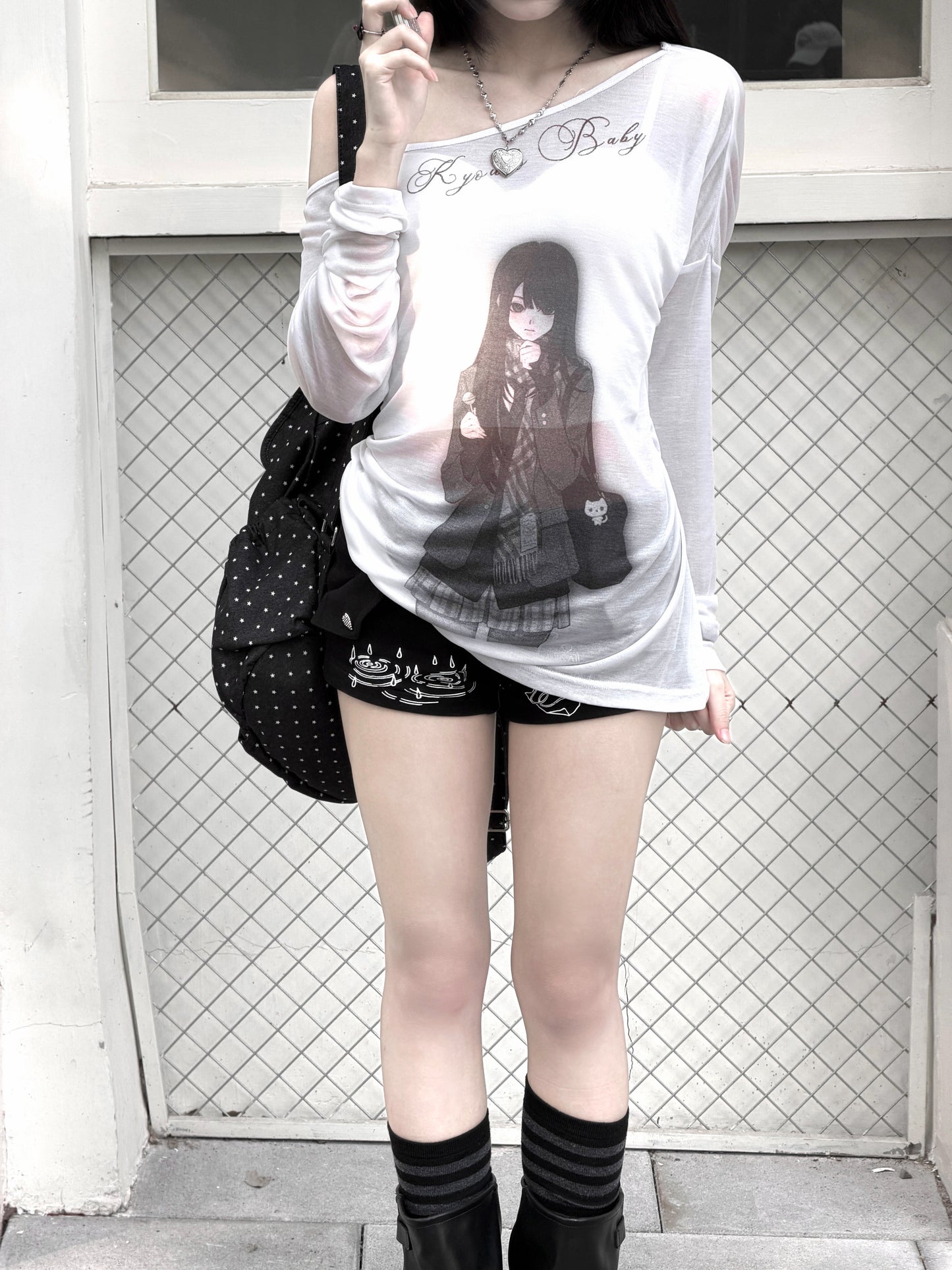 Room Doll Sheer Asymmetric Top & Graphic Mini Shorts