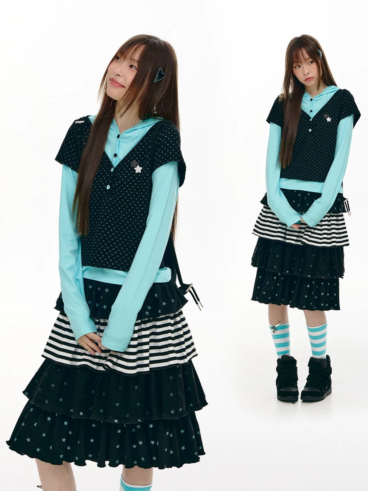 Polka Dot Faux-Layer Hooded Long Sleeve Top