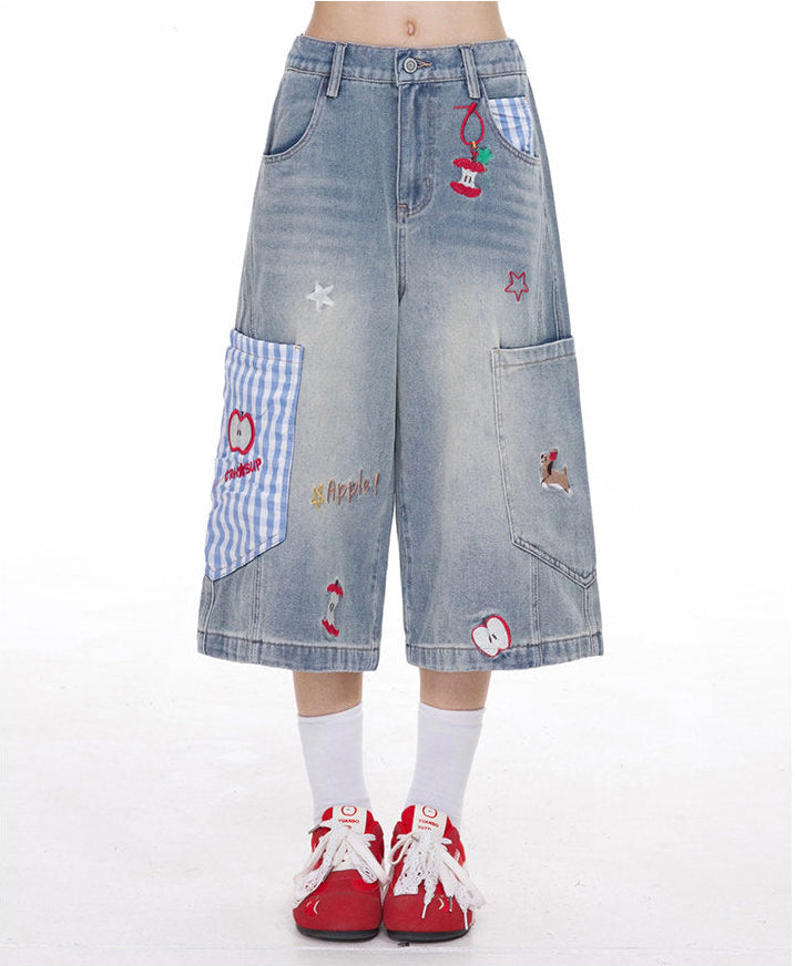 Apple Plaid Cropped Wide-Leg Jeans