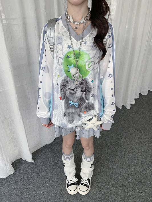 Puppy Star Graphic V-Neck Jersey Long Sleeve Top