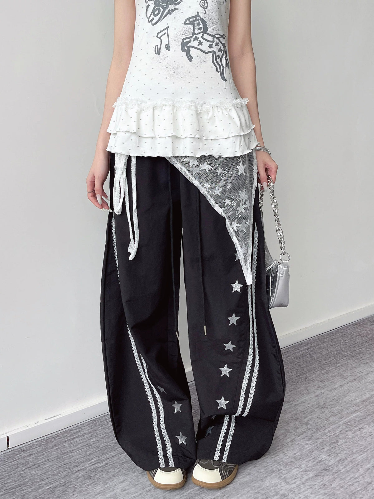Star Lace Overlay Wide-Leg Parachute Pants
