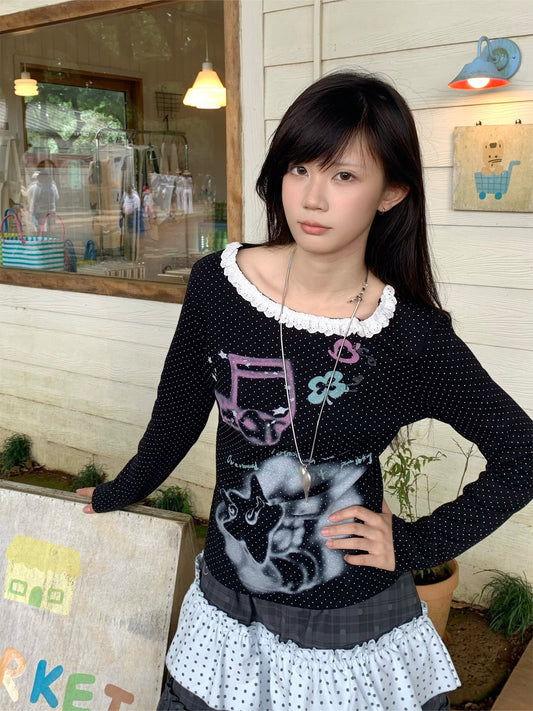 별을 안은 강아지 물방울무늬 레이스 칼라 긴소매 상의