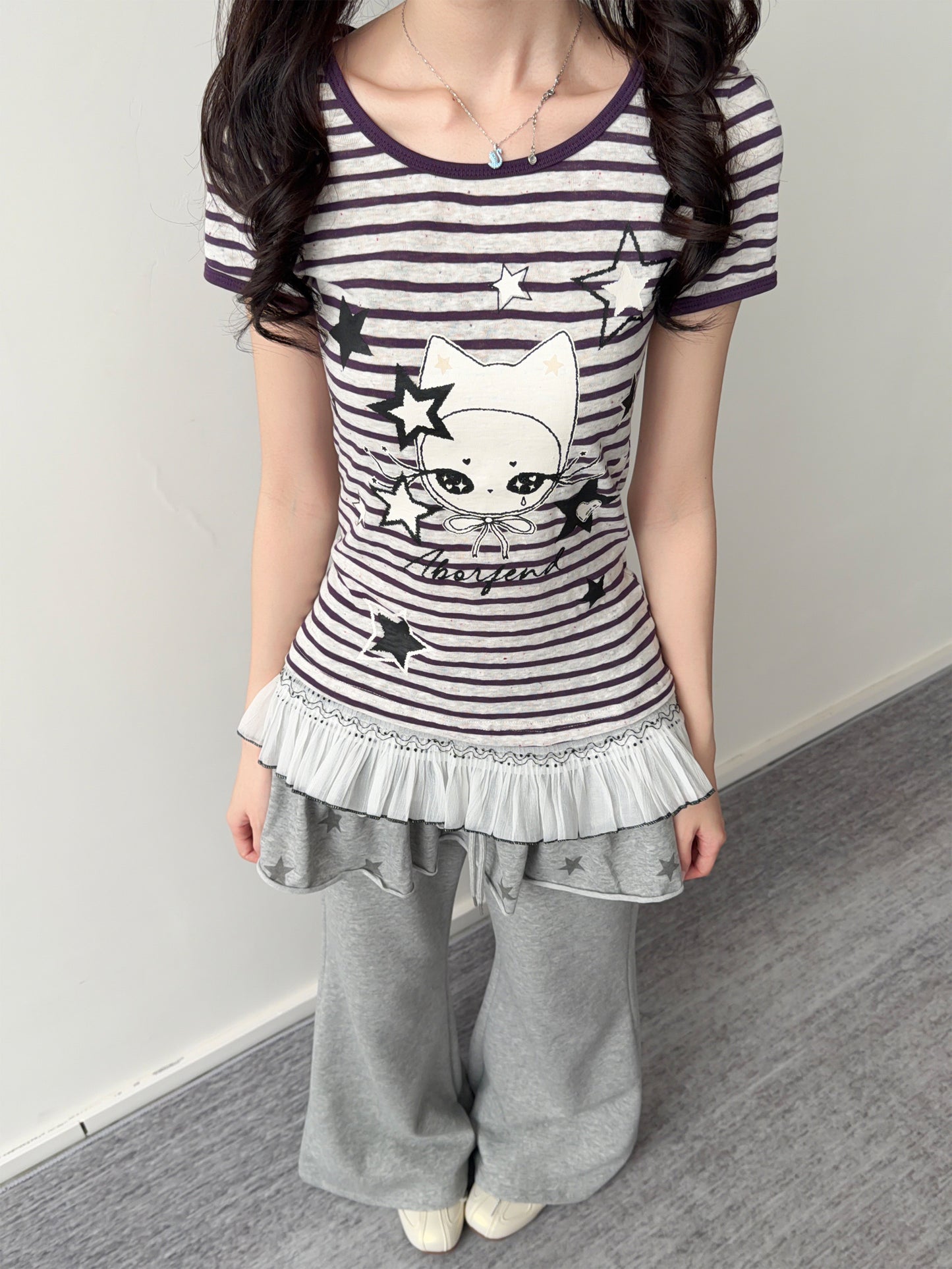 Purple Stripe Star Girl Ruffle-Hem Tee