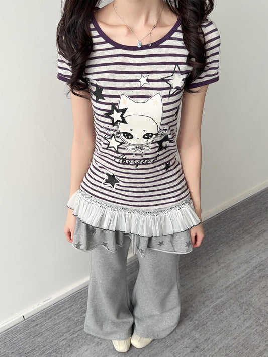 Purple Stripe Star Girl Ruffle-Hem Tee