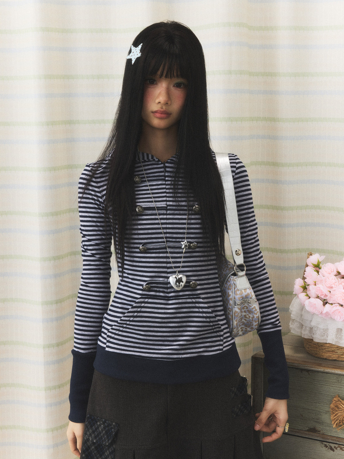 Navy Striped Military Button Hooded Top
