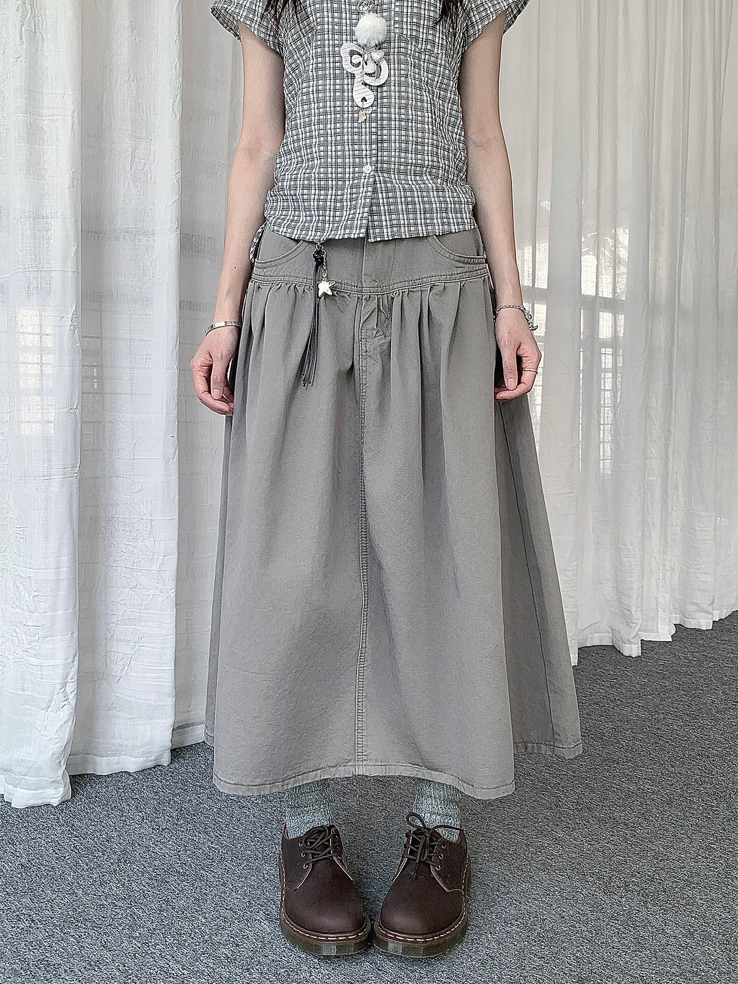 Star Charm Pleated Utility Midi Skirt