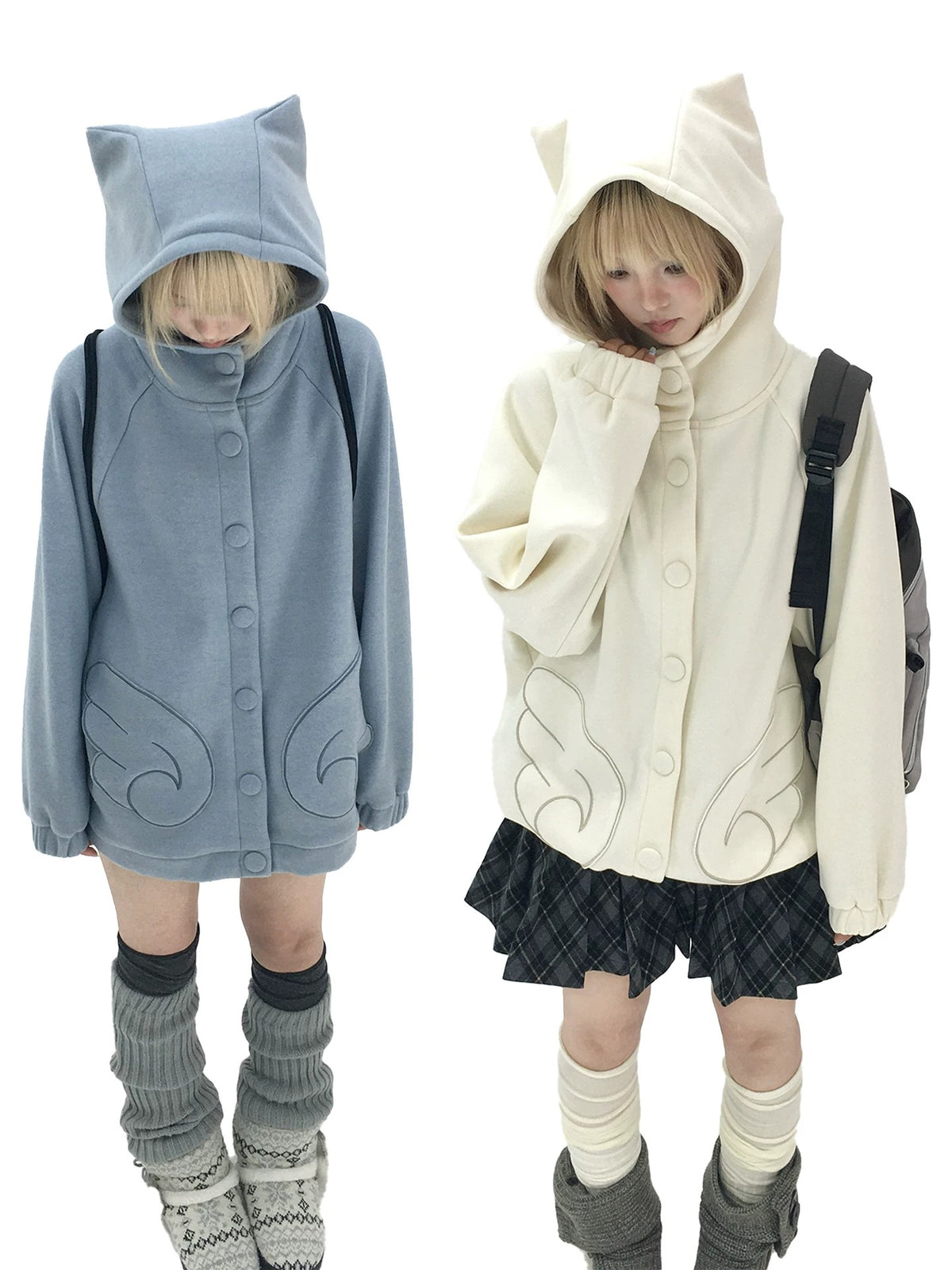 Dusty Blue & Ivory Fleece-Lined Cat Ear Wing Pocket Hooded Jacket