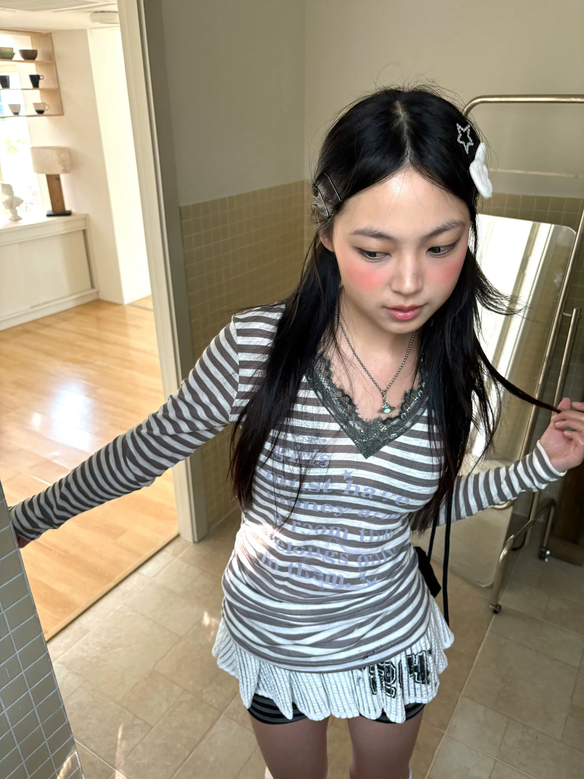 Gray Stripe Lace V-Neck Graphic Long Sleeve Tee