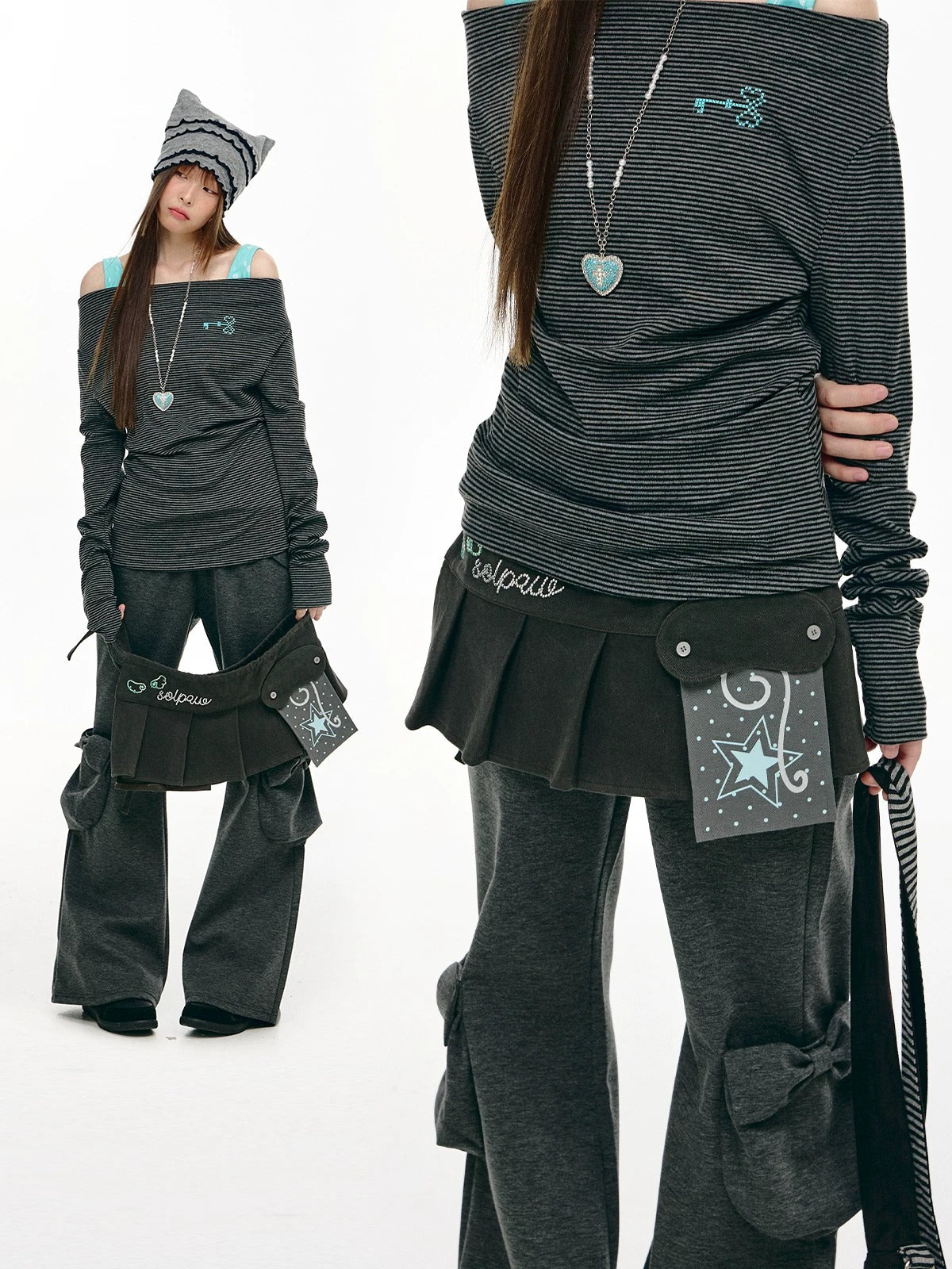 Star Pocket Pleated Layering Wrap Skirt