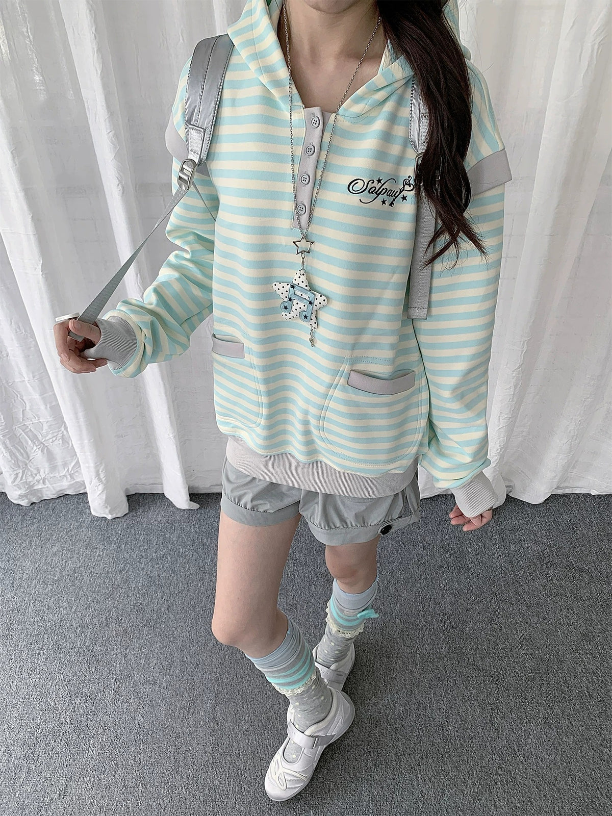 Striped Half-Placket Hooded Pullover