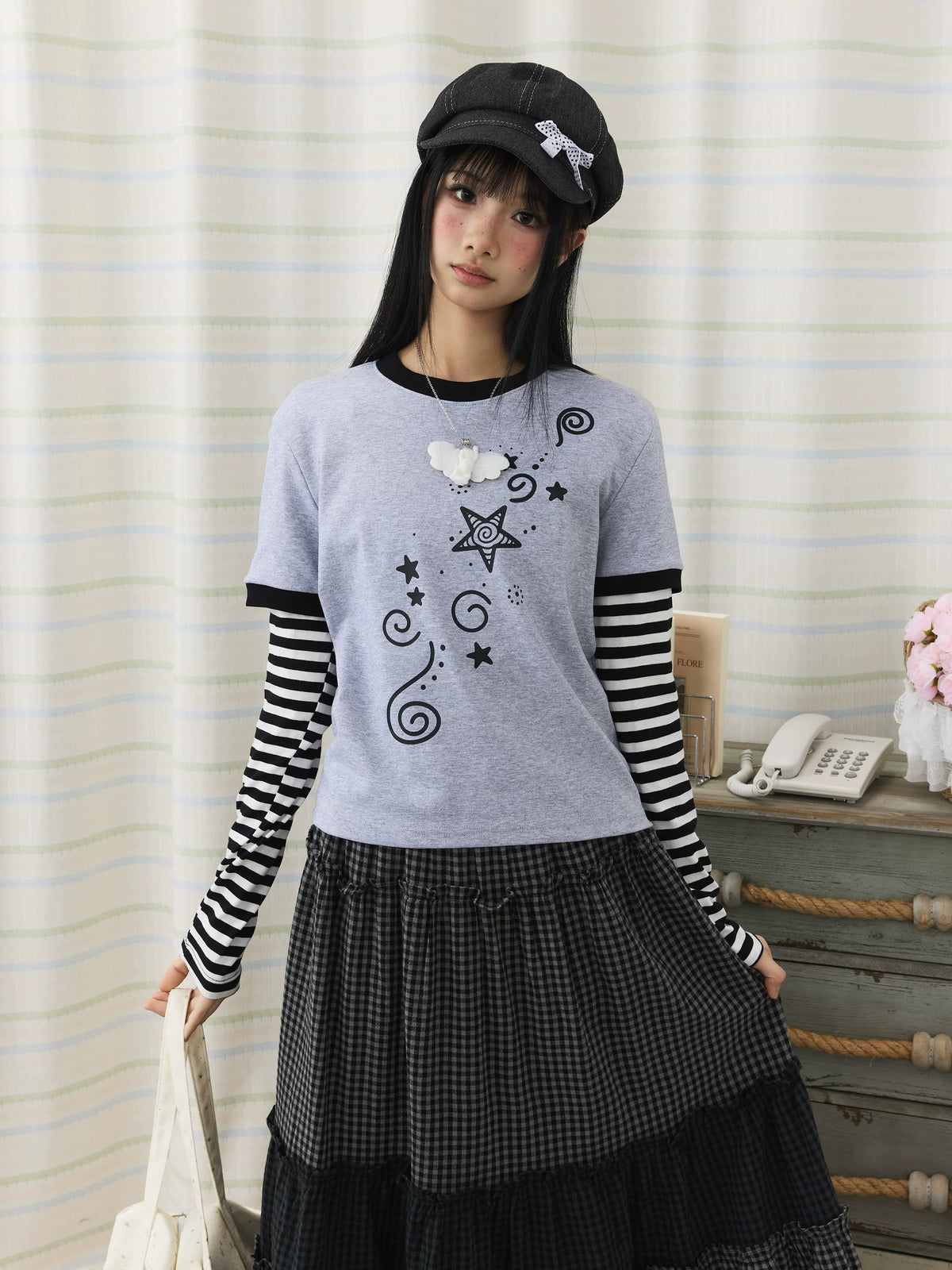 Star Swirl Striped Faux-Layer Long Sleeve Top