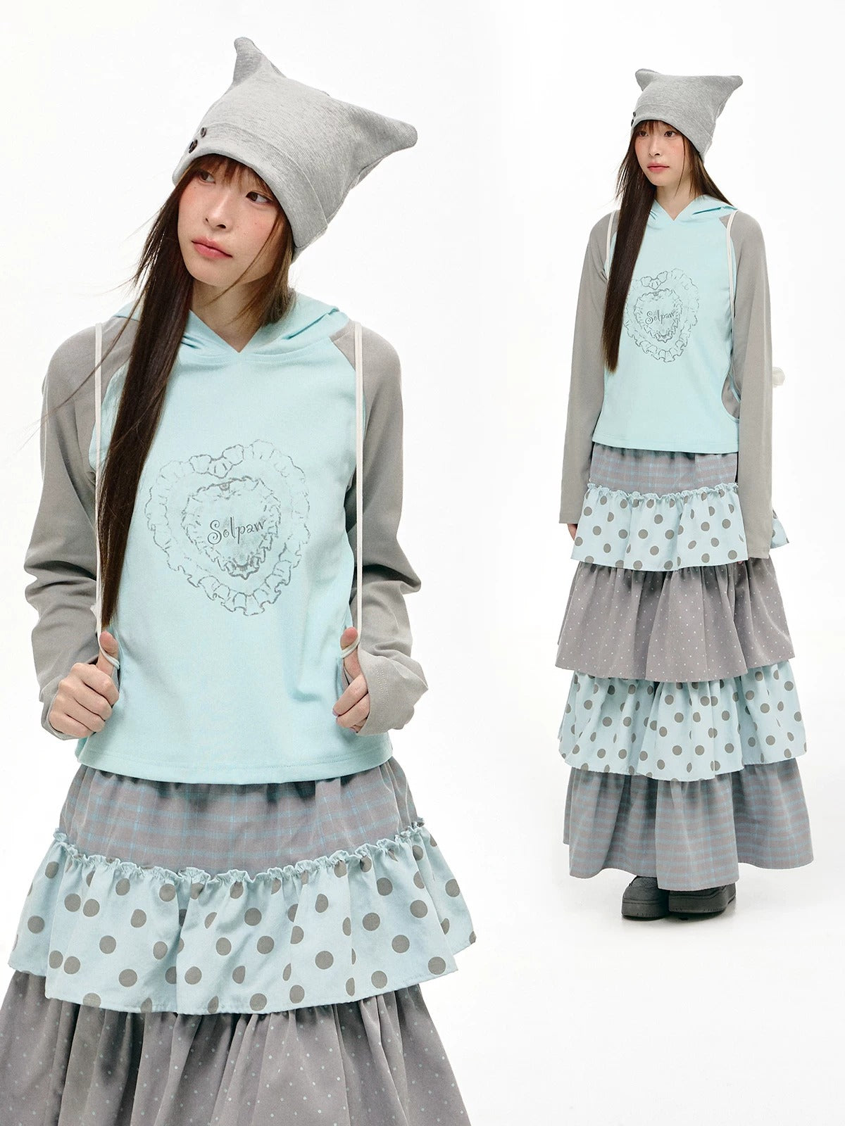 Mint Heart Contrast Hooded Long Sleeve Top