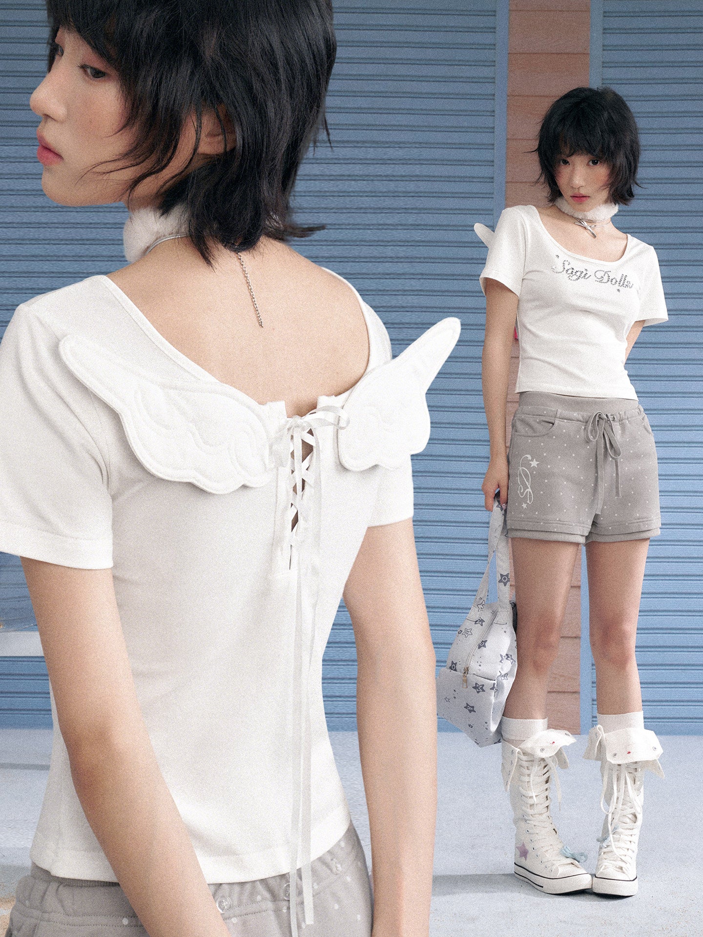 Angel Wing Lace-Up Rhinestone Tee