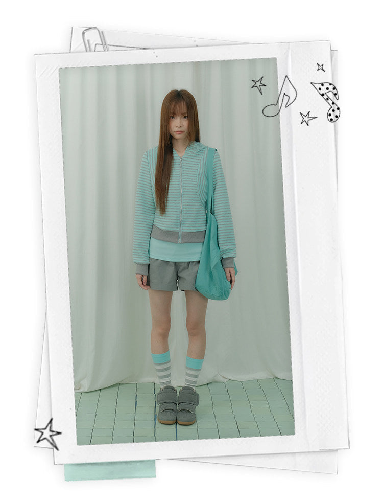 Mint Stripe Devil-Horn Zip-Up Hoodie