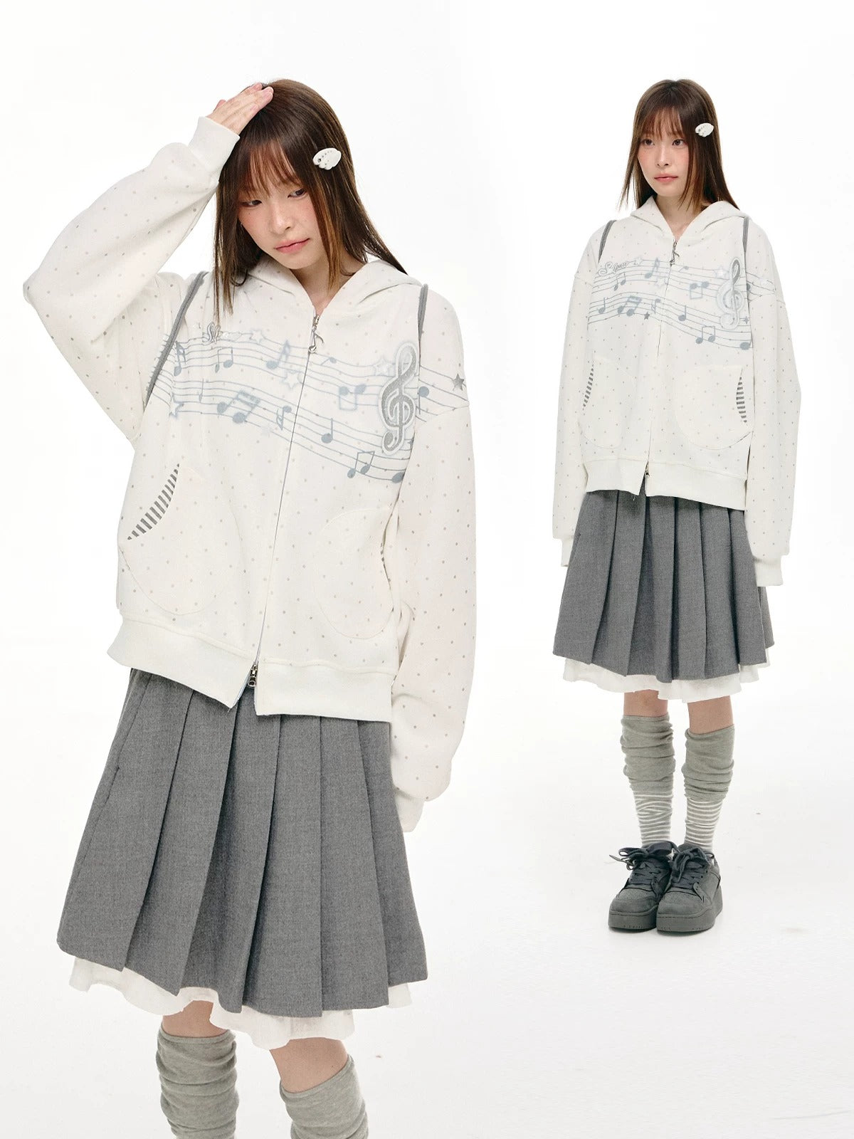 Gray Melody Polka Dot Graphic Zip Hoodie