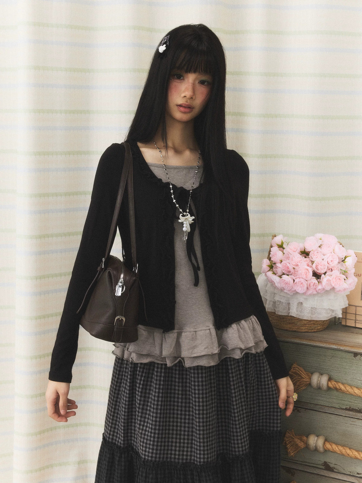 Ruffle Hem Tie-Front Faux-Layered Long Sleeve Top