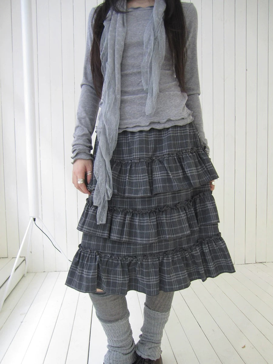 Vintage Gray Plaid Tiered Ruffle Skirt