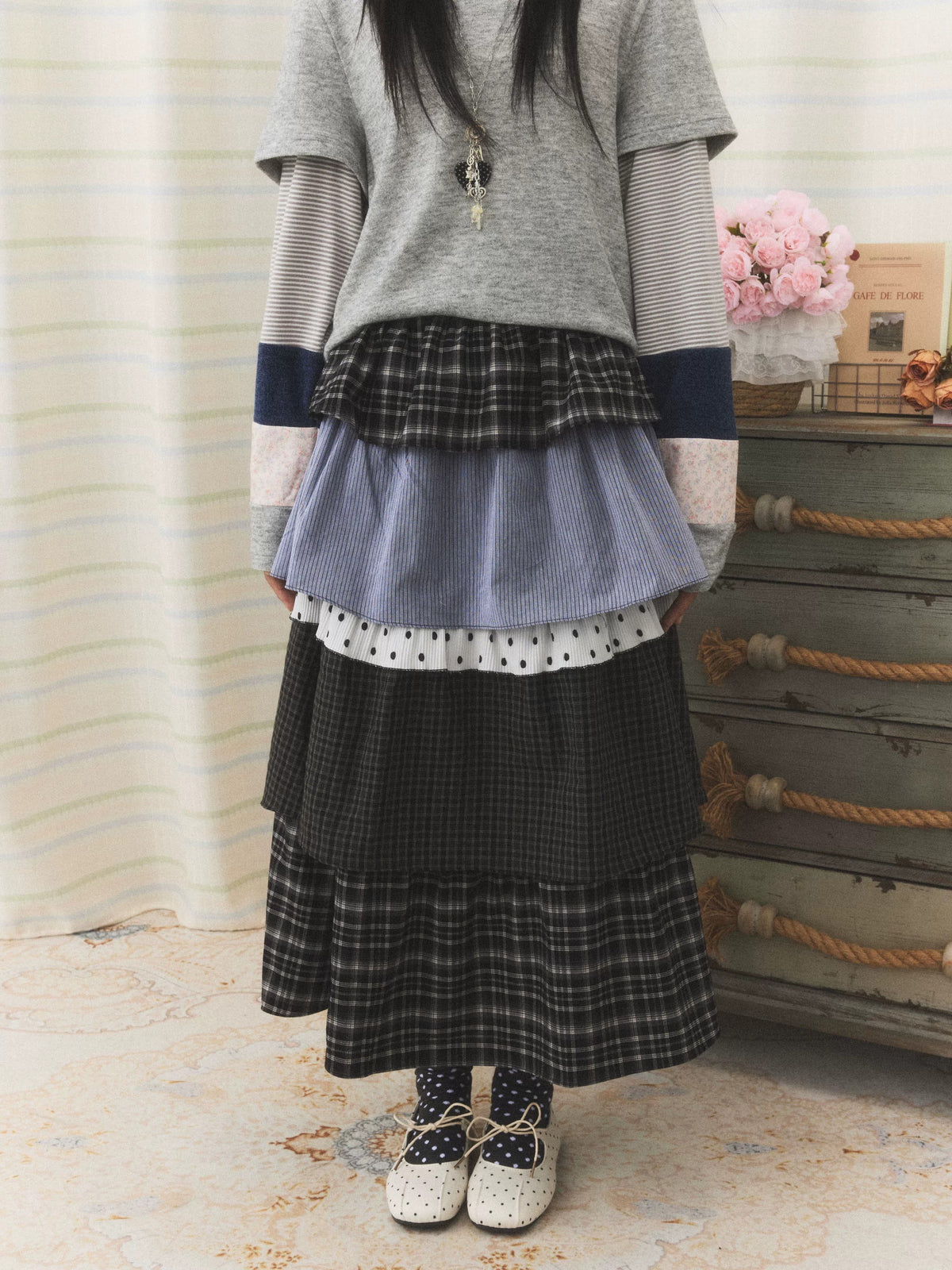 Mixed Plaid Tiered Patchwork Midi Skirt
