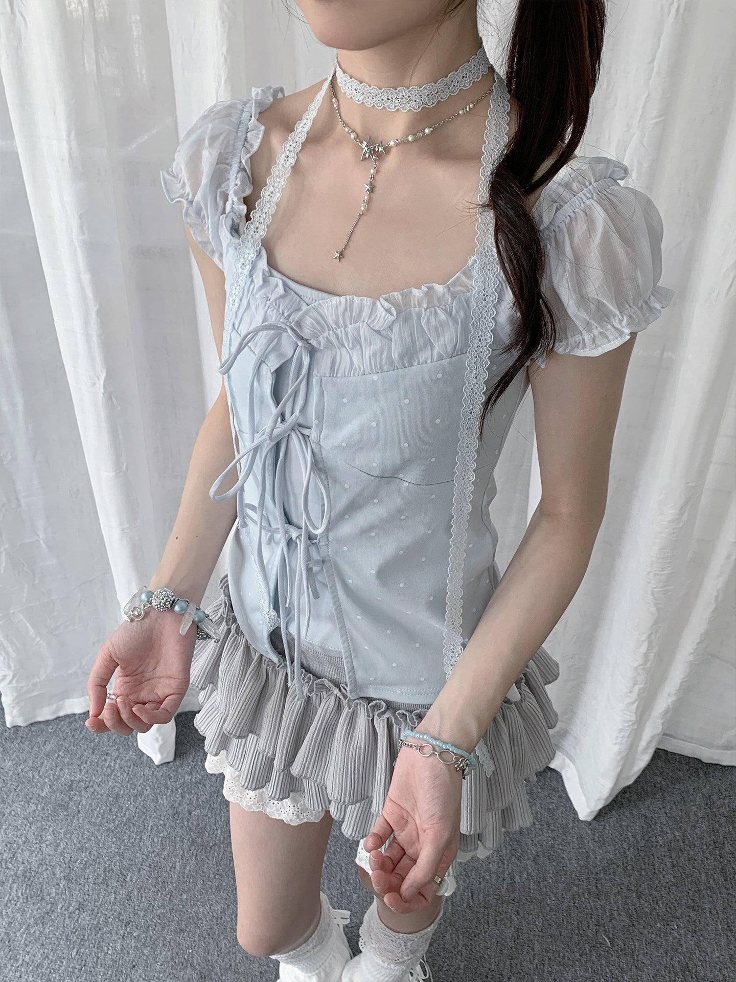 Polka Dot Lace-Up Puff-Sleeve Layered Top