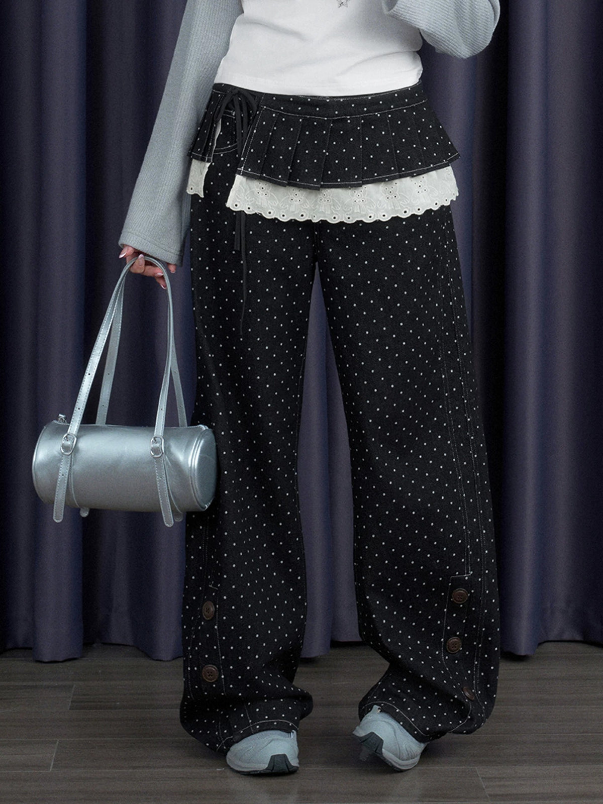 Polka Dot Wide-Leg Jeans & Detachable Lace Layering Skirt