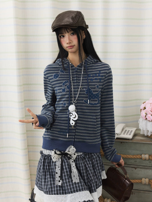 Striped Rocking Horse Embroidered Zip-Up Hoodie