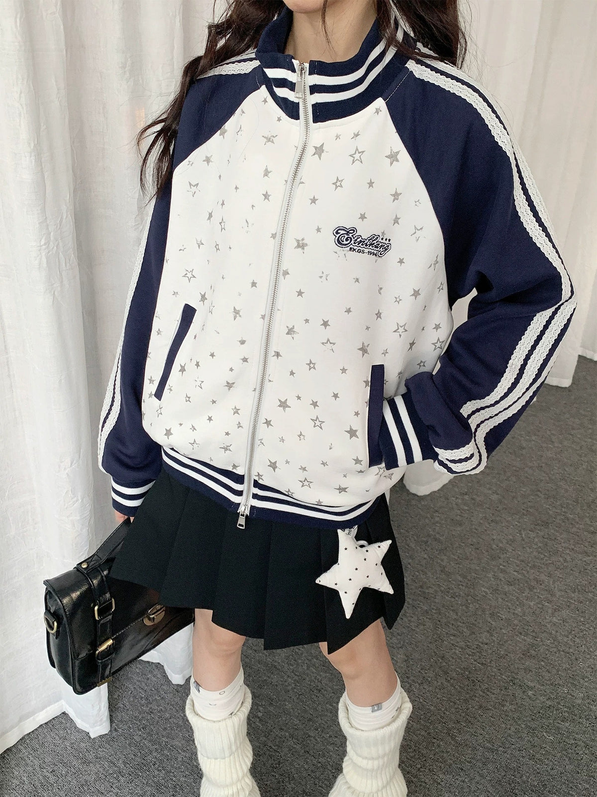 Star Print Contrast Zip-Up Track Jacket
