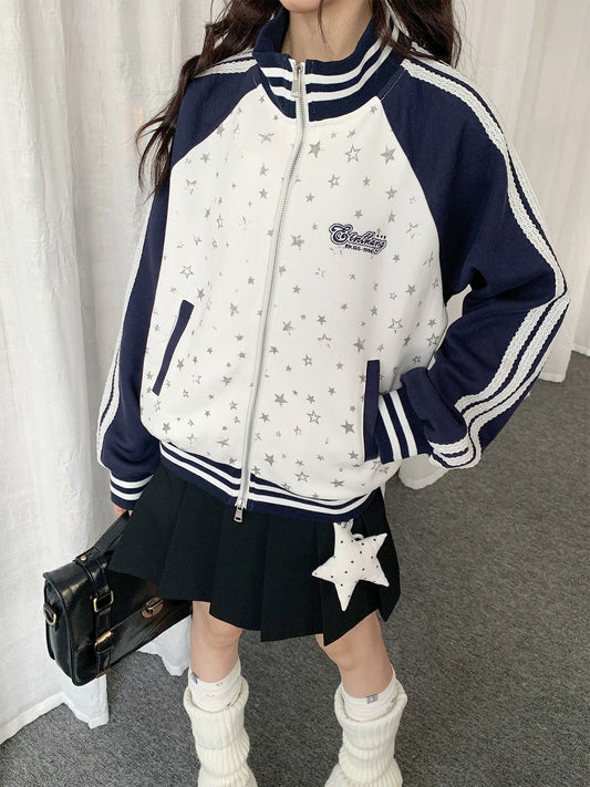 Star Print Contrast Zip-Up Track Jacket