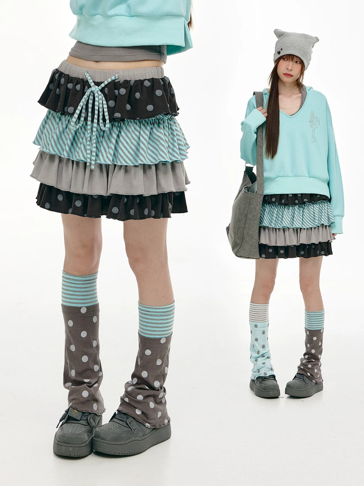 Gray Green Polka Dot & Stripe Tiered Mini Skirt