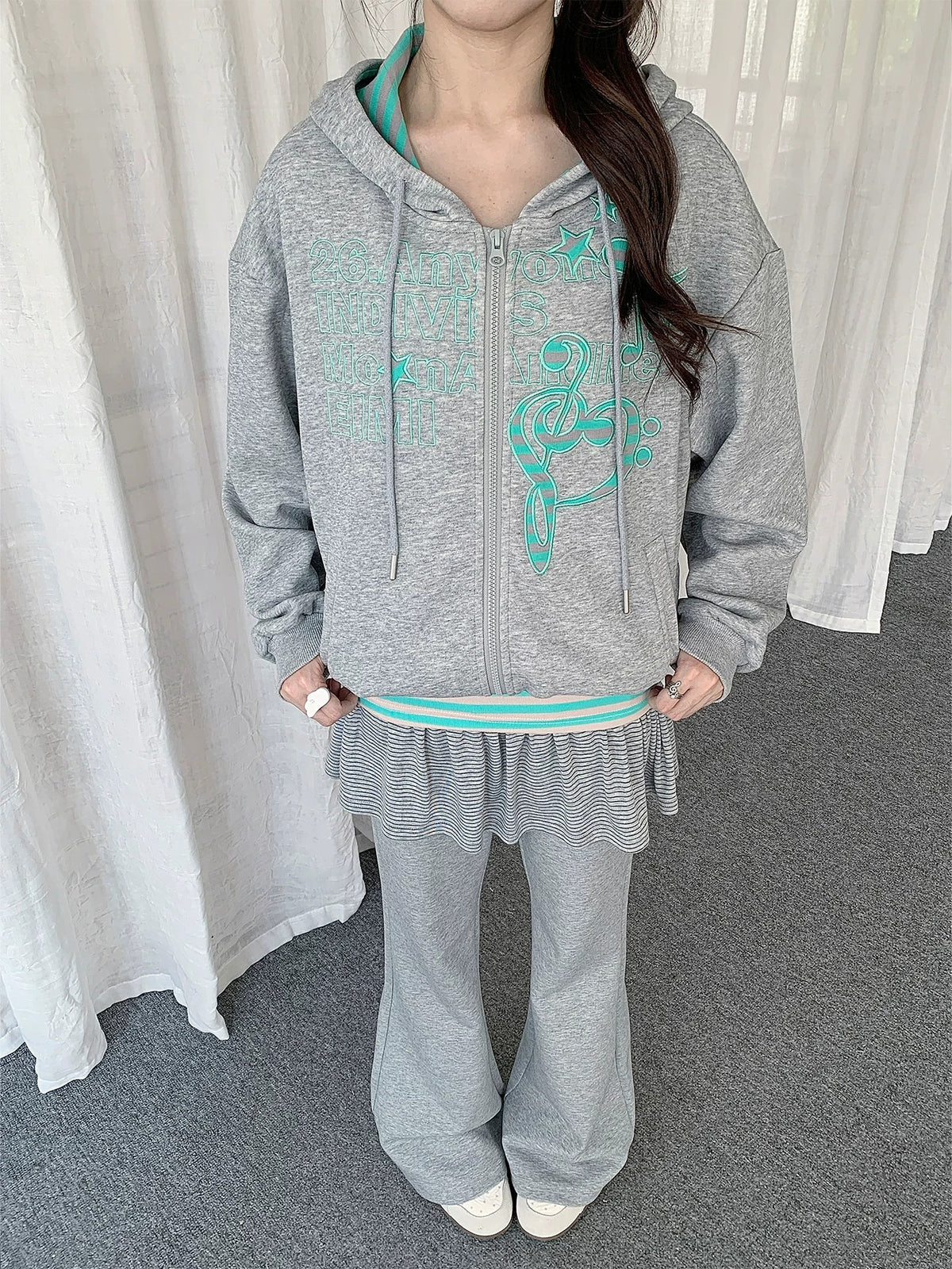 Music Note Embroidered Zip-Up Hoodie