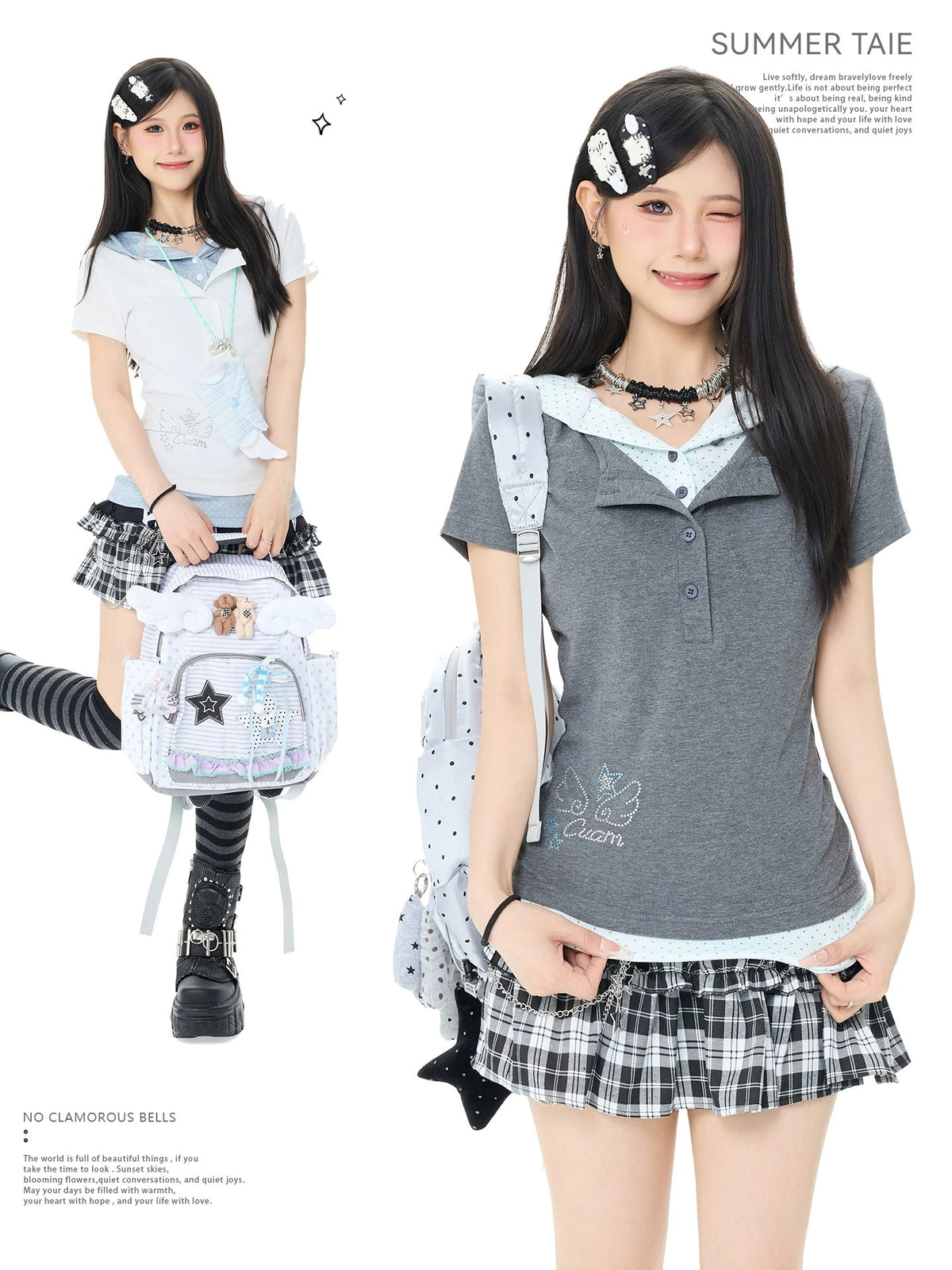 Starry Rhinestone Polka Dot Layered Hood Tee