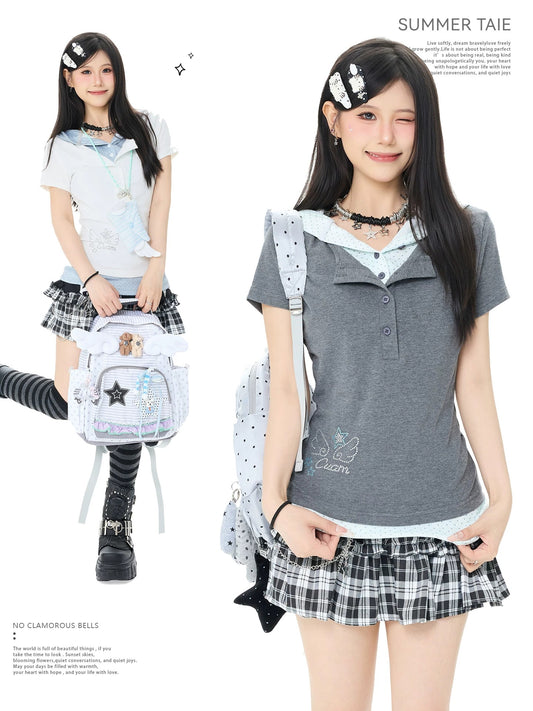 Starry Rhinestone Polka Dot Layered Hood Tee