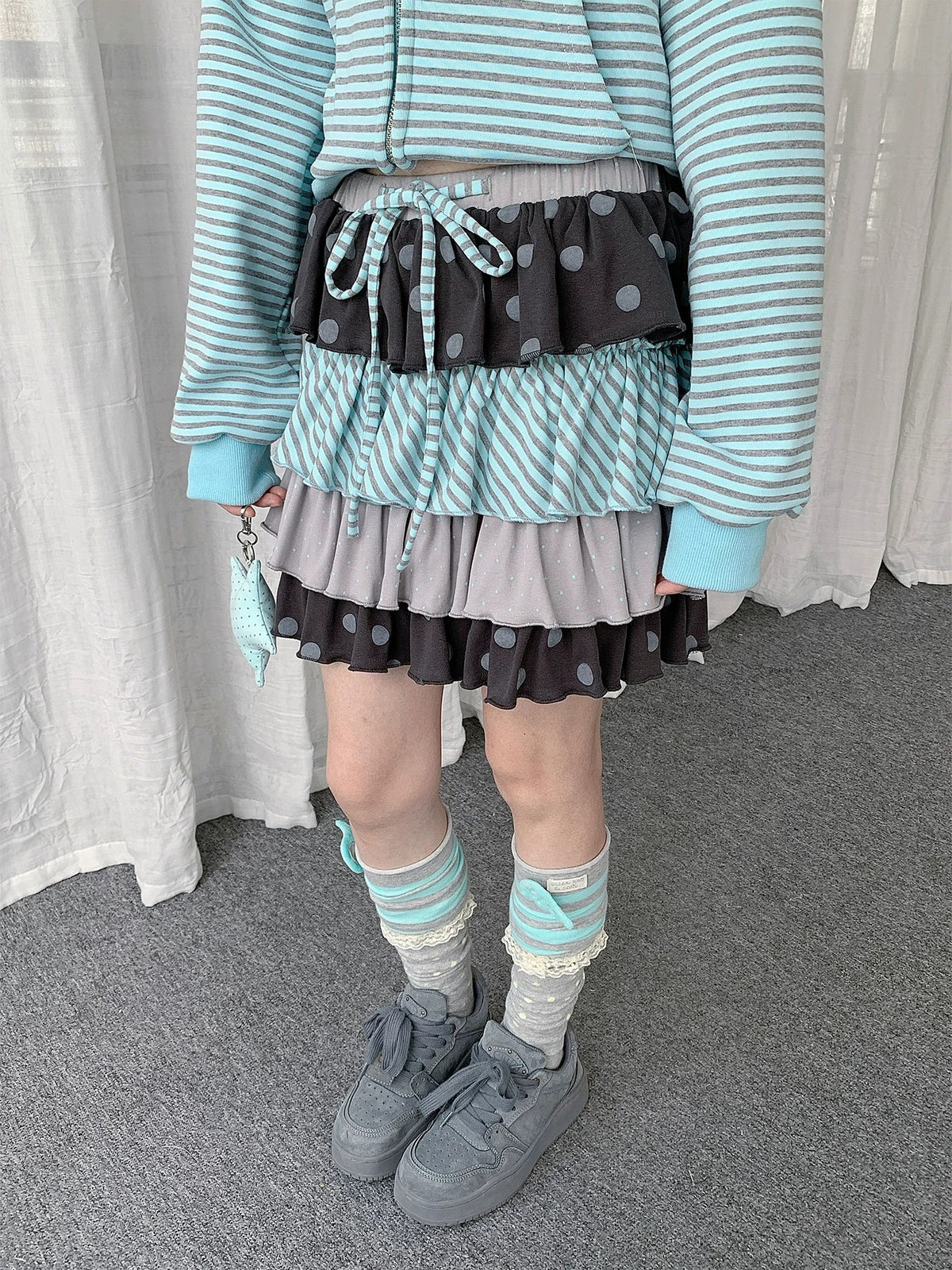 Polka Dot Stripe Tiered Ruffle Mini Skirt