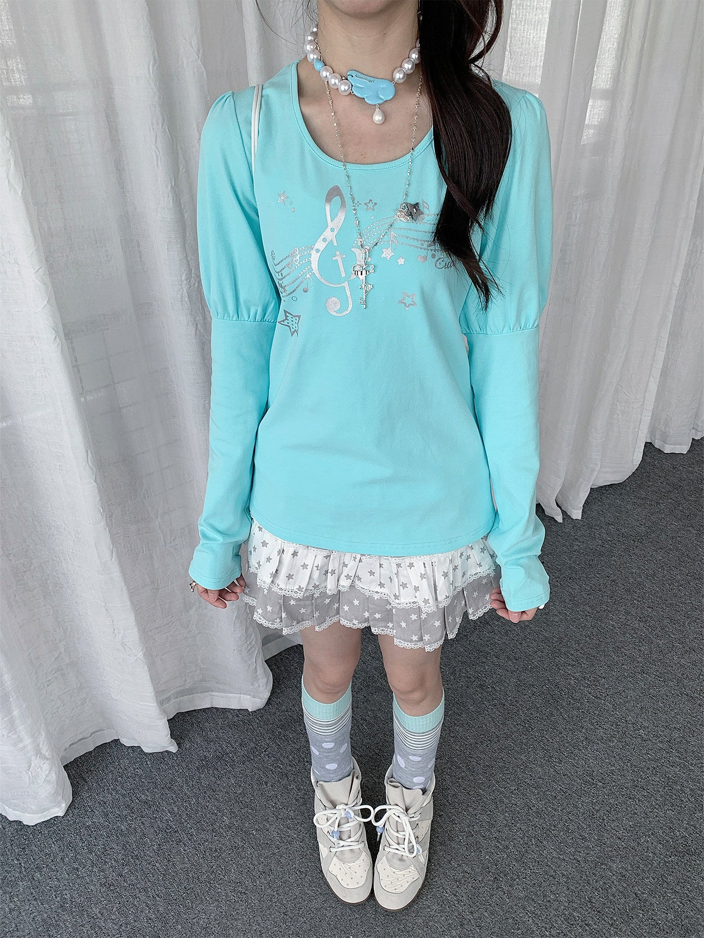 Wish Melody Puff-Sleeve Long Sleeve Top