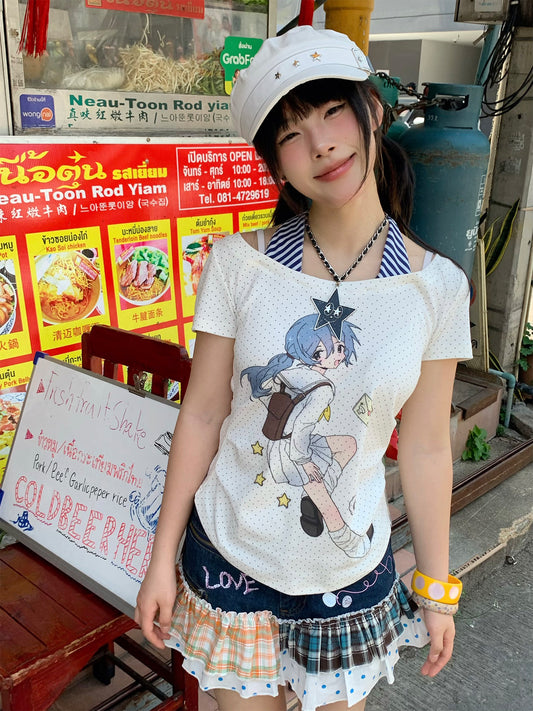 Blue-Hair Girl Striped Faux-Layered Fitted Tee