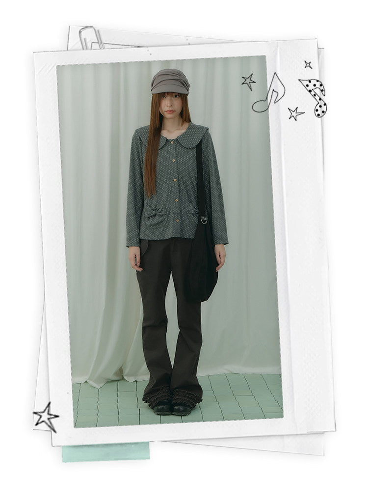 Charcoal Polka Dot Peter Pan Collar Button Shirt