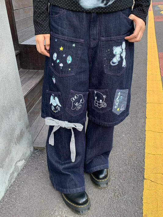 Cute Creature Detachable Patchwork Wide-Leg Jeans