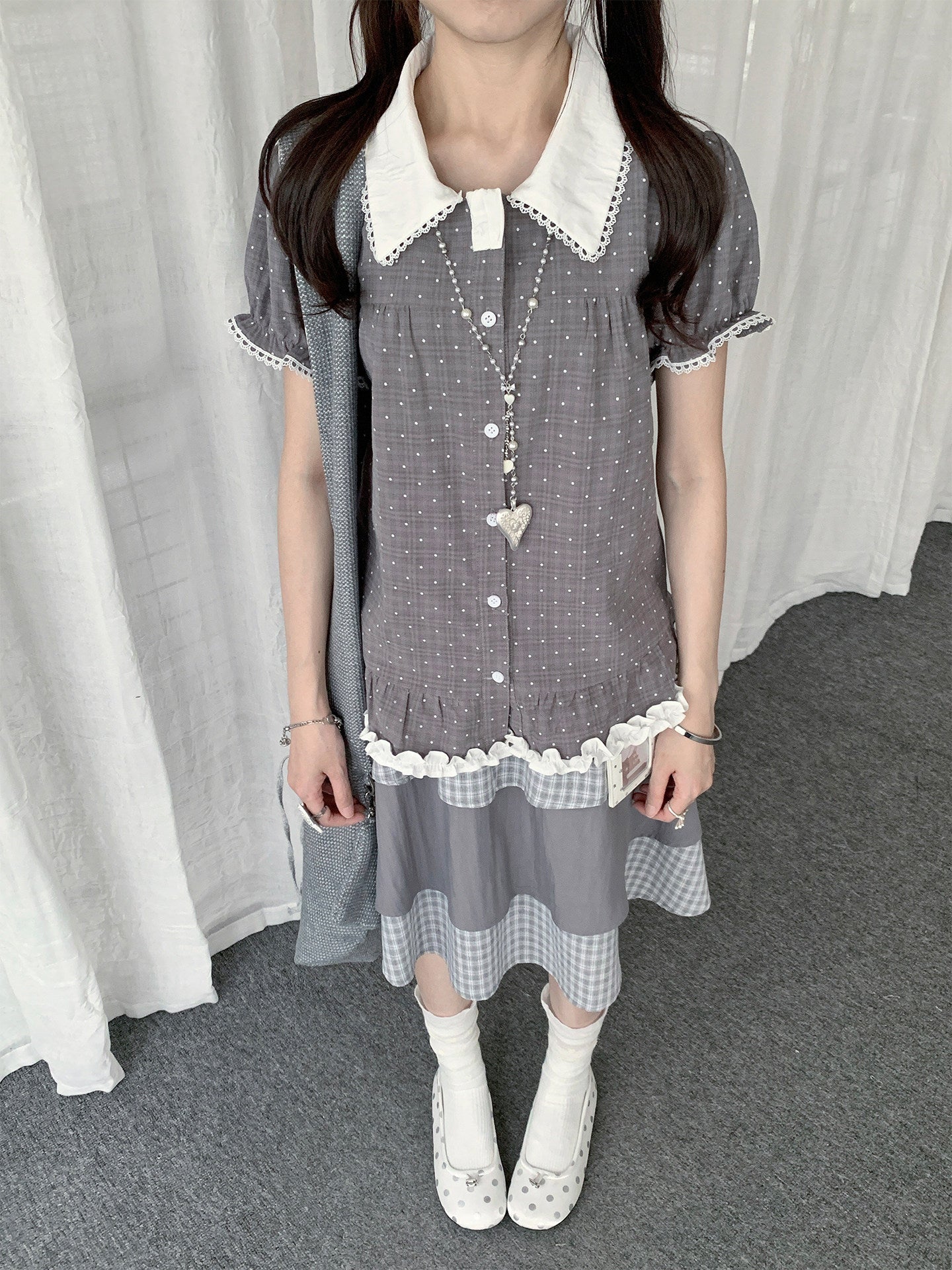 Polka Dot Peter Pan Collar Ruffle-Hem Blouse