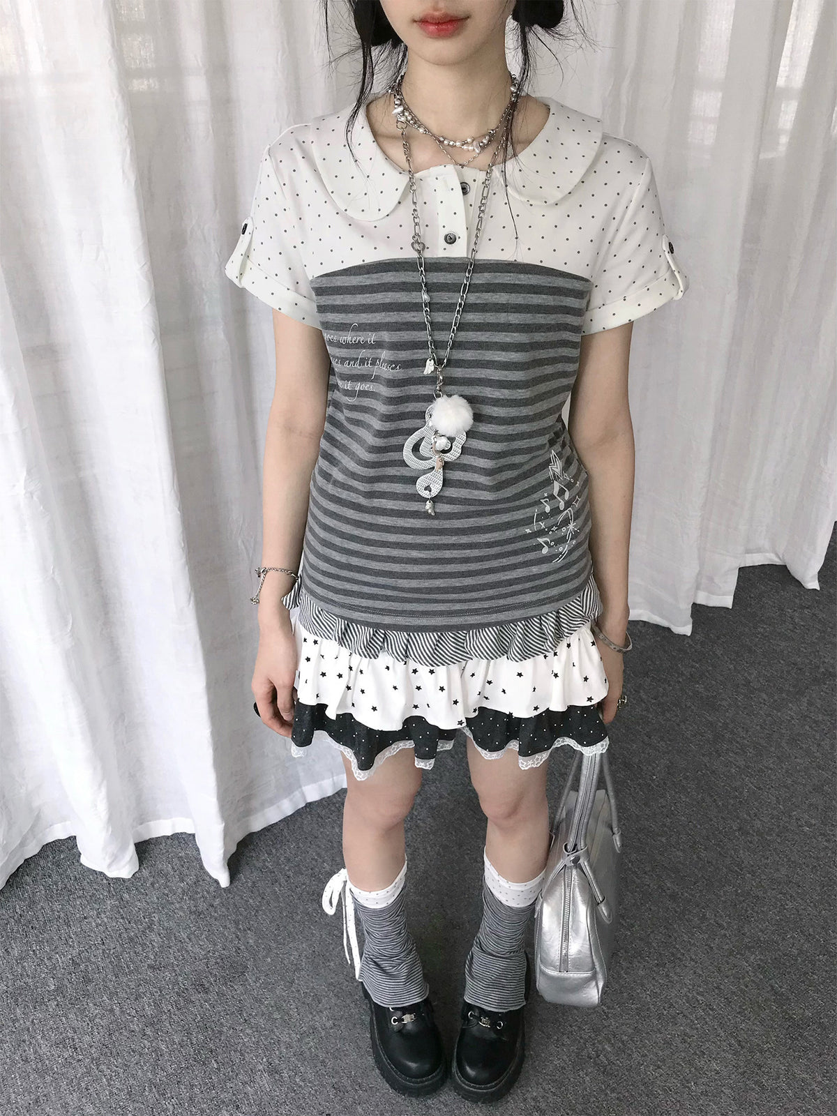 Gray Polka Dot Stripe Peter Pan Collar Top
