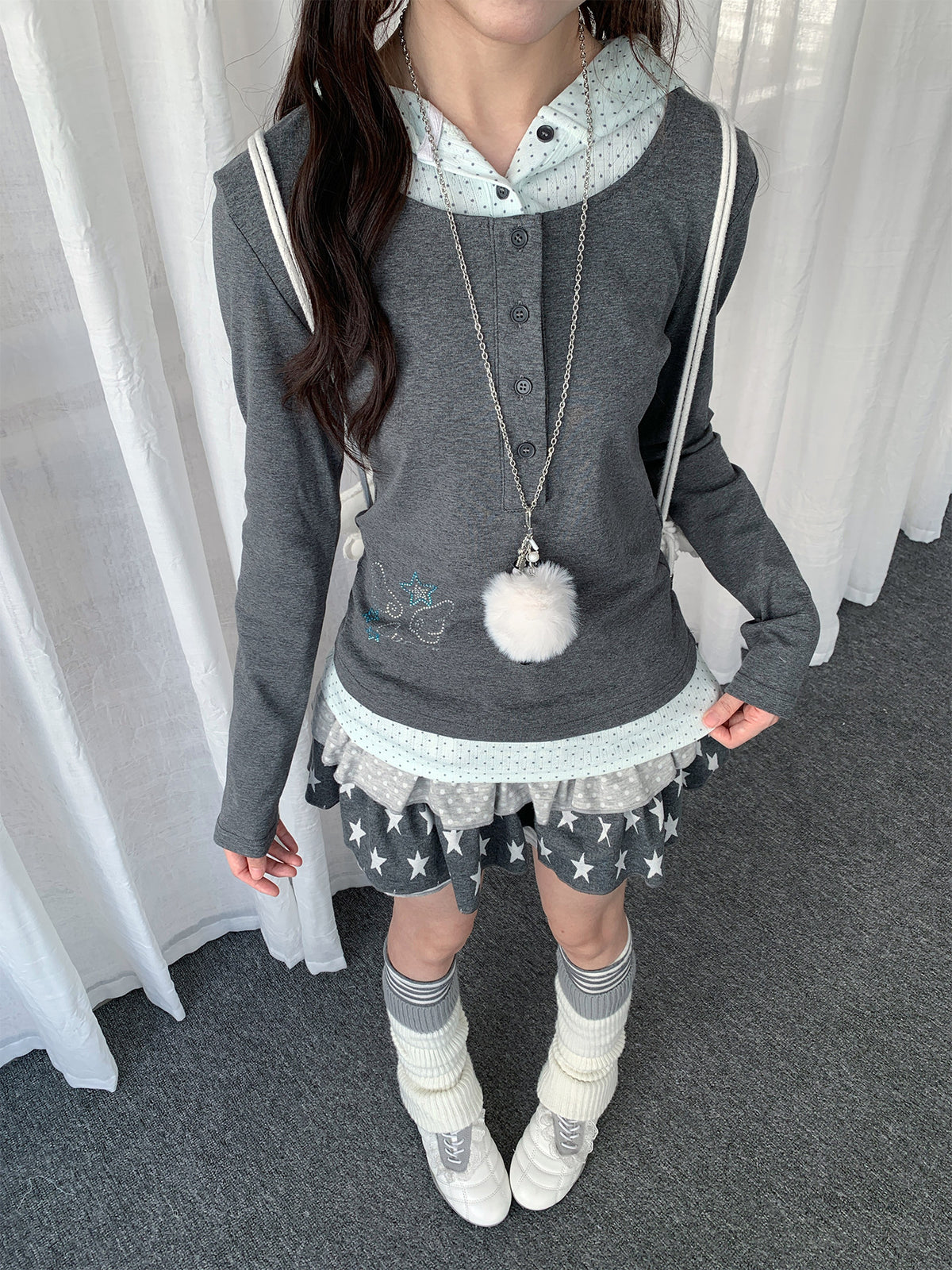 Polka Dot Layered Hooded Long Sleeve Top