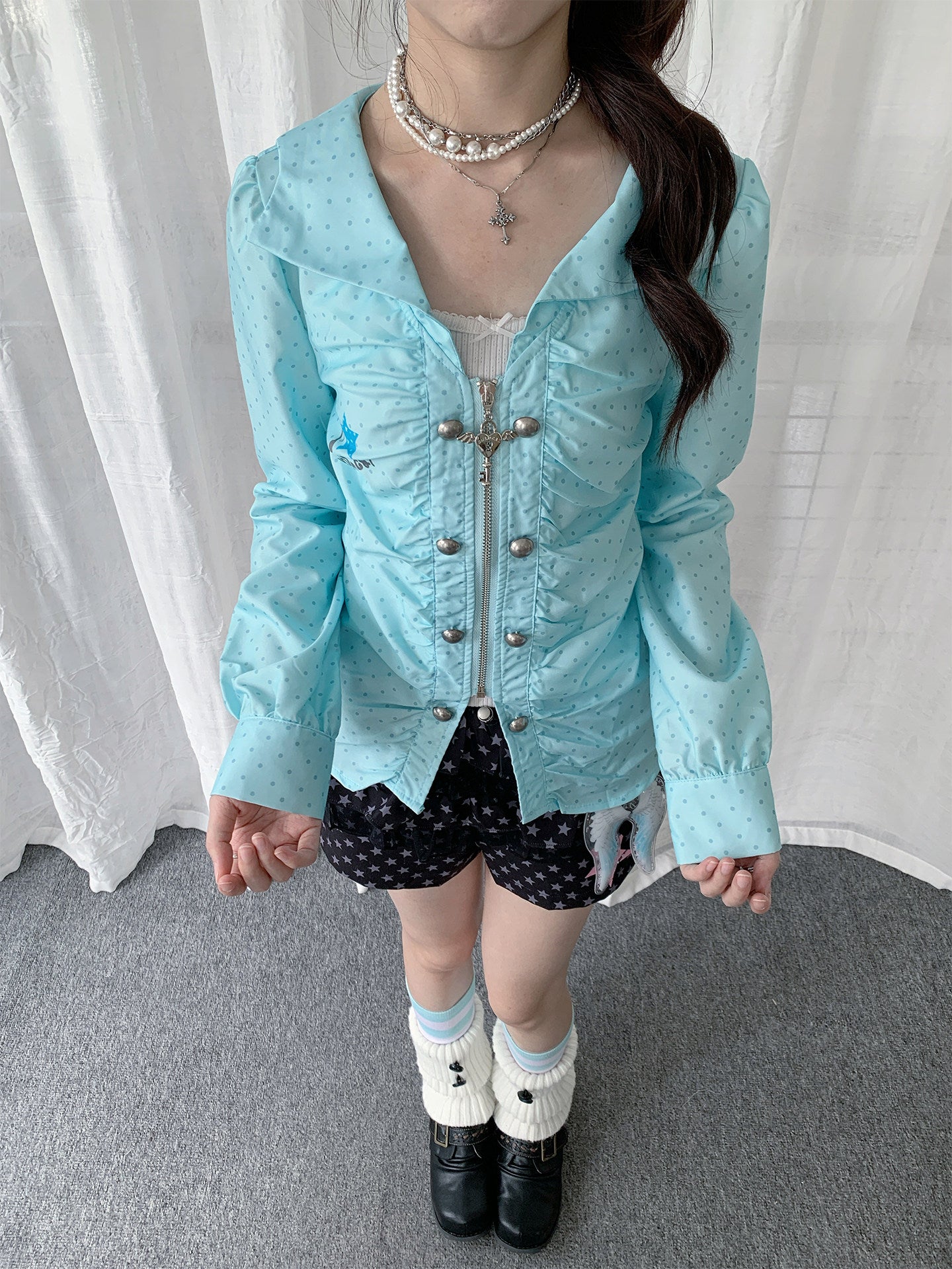 Mint Dot Ruched Zip-Front Long-Sleeve Blouse