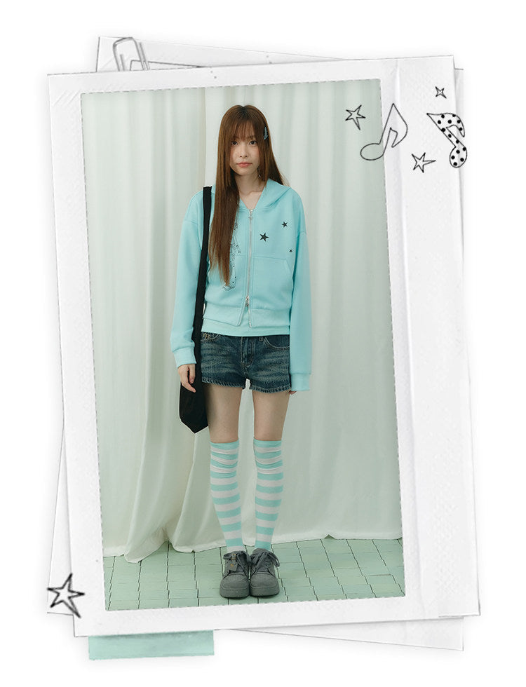 Mint Star Double-Zip Cropped Hoodie