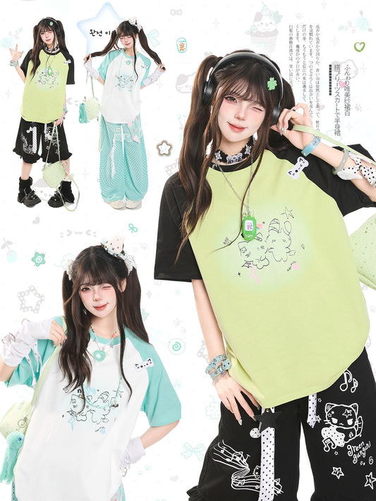 Kitty Sketch Colorblock Raglan Oversized Tee