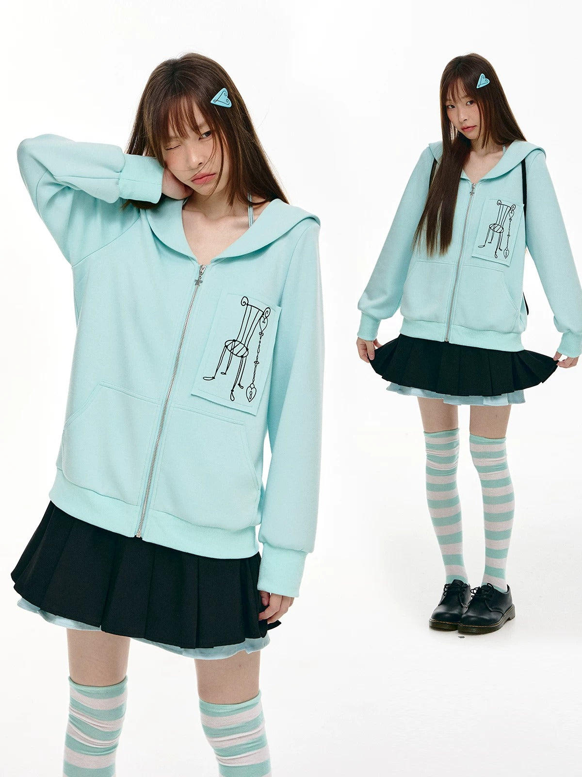 Mint Sailor-Collar Graphic Zip-Up Jacket