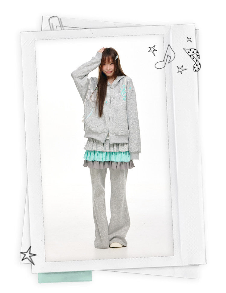 Gray Melody Polka Dot Graphic Zip Hoodie