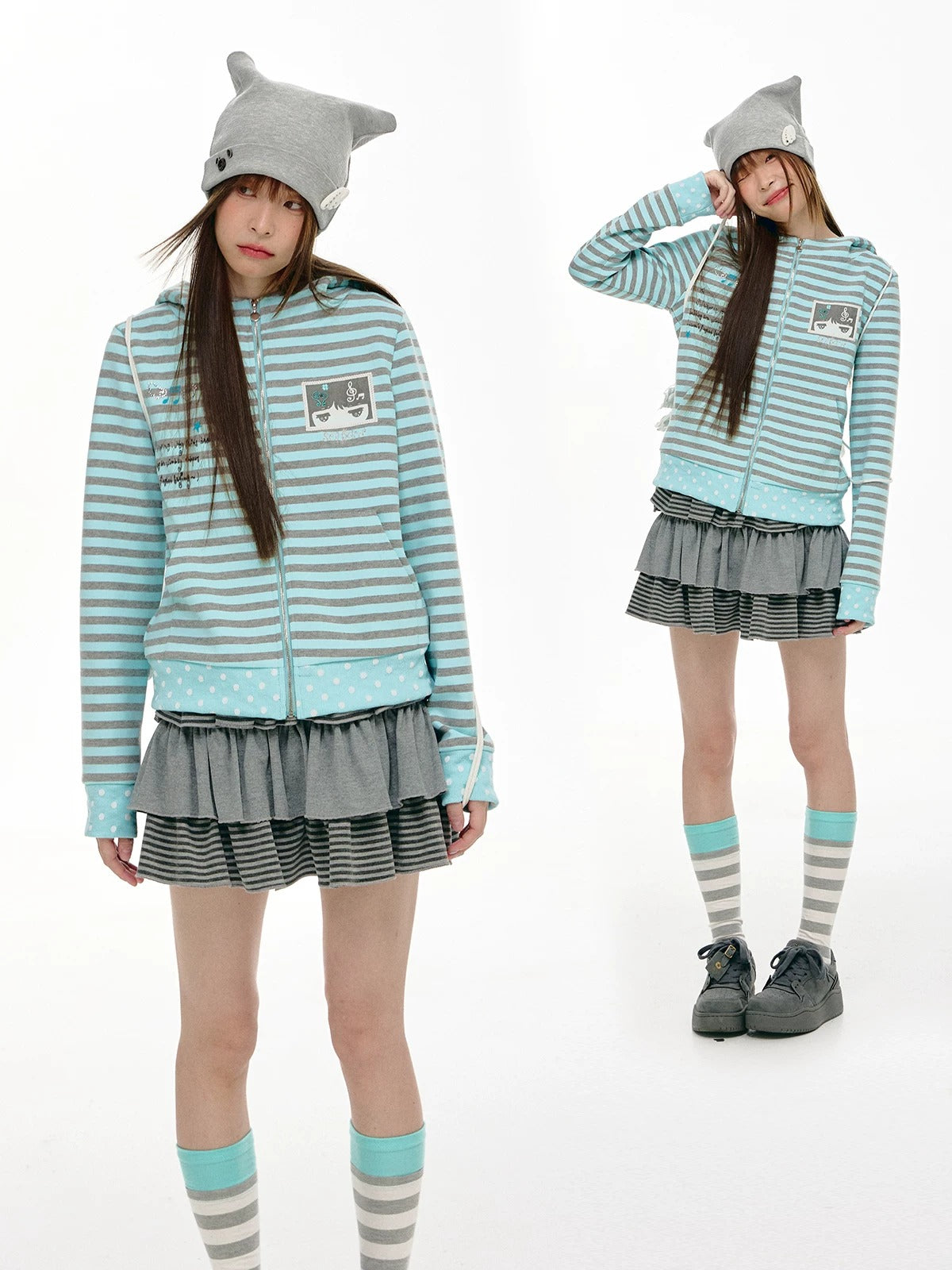 Mint & Gray Stripe Cat-Ear Zip Hoodie
