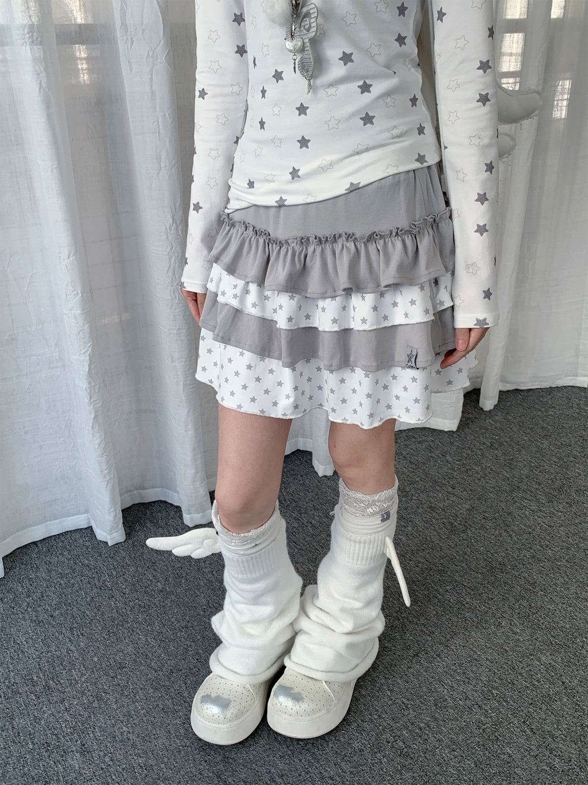 Light Gray Star Tiered Ruffle Mini Skirt