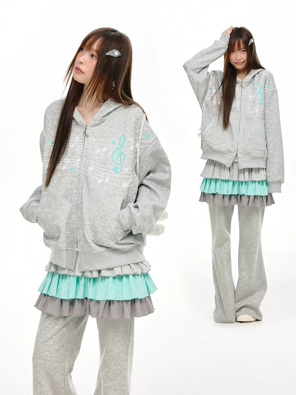 Gray Melody Polka Dot Graphic Zip Hoodie